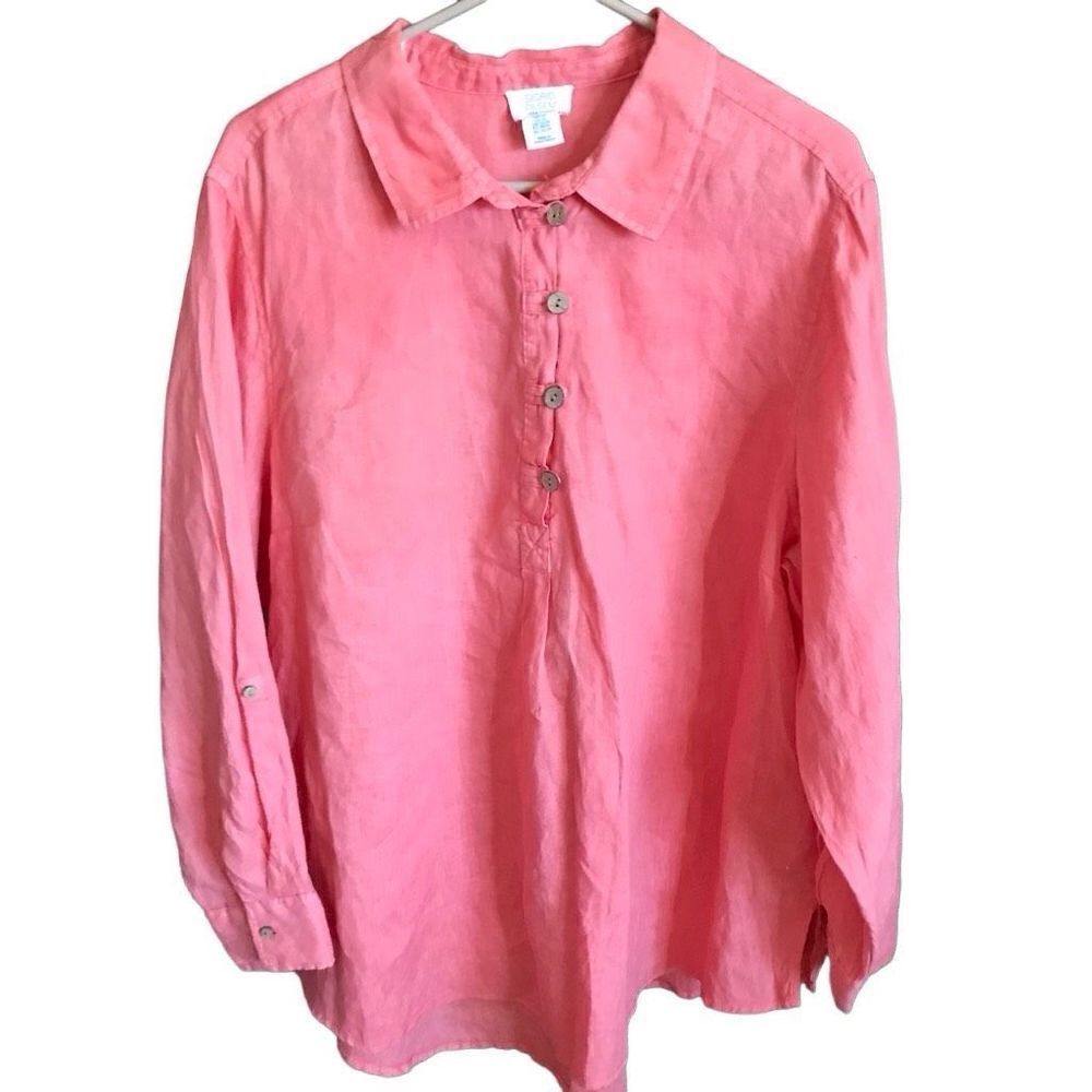 Sigred Olsen 100% Linen plus SZ 2XL Buttons Coral long tab sleeve Vacation
